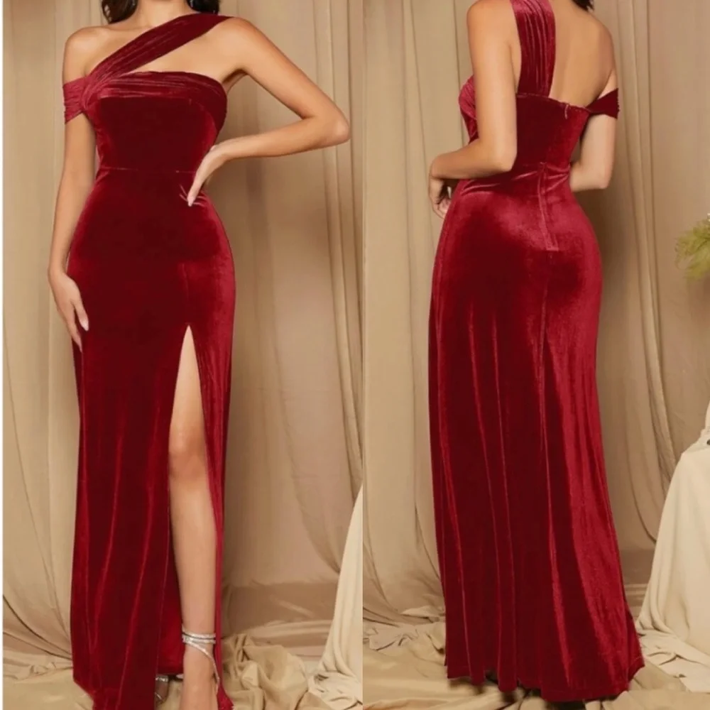 Luxe velvet one shoulder slit thigh party formal evening wedding  gown dress